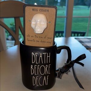 Rae Dunn Death Before Decaf Mug with Skull Rim Sitter